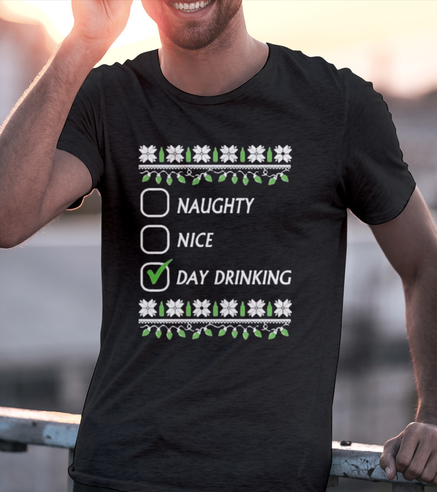 Naughty Nice Day Drinking Christmas Floral Checklist T-Shirt