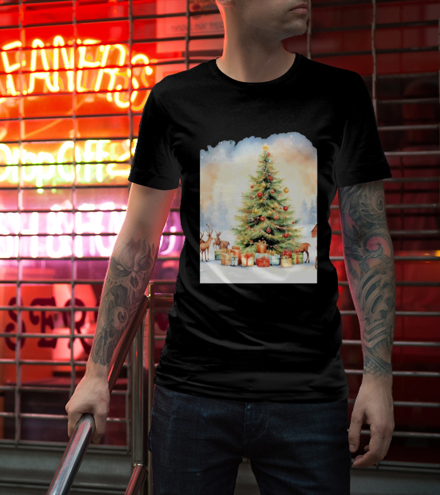 Watercolor Christmas Tree With Reindeer And Presents Scene T-Shirt