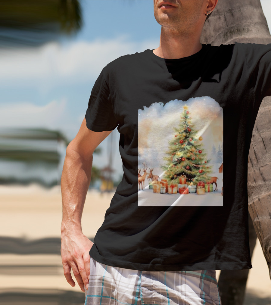 Watercolor Christmas Tree With Reindeer And Presents Scene T-Shirt