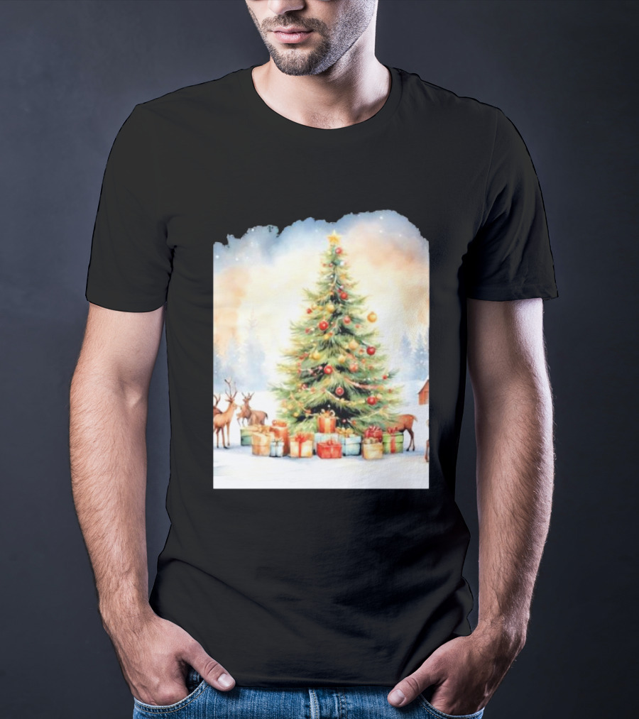 Watercolor Christmas Tree With Reindeer And Presents Scene T-Shirt