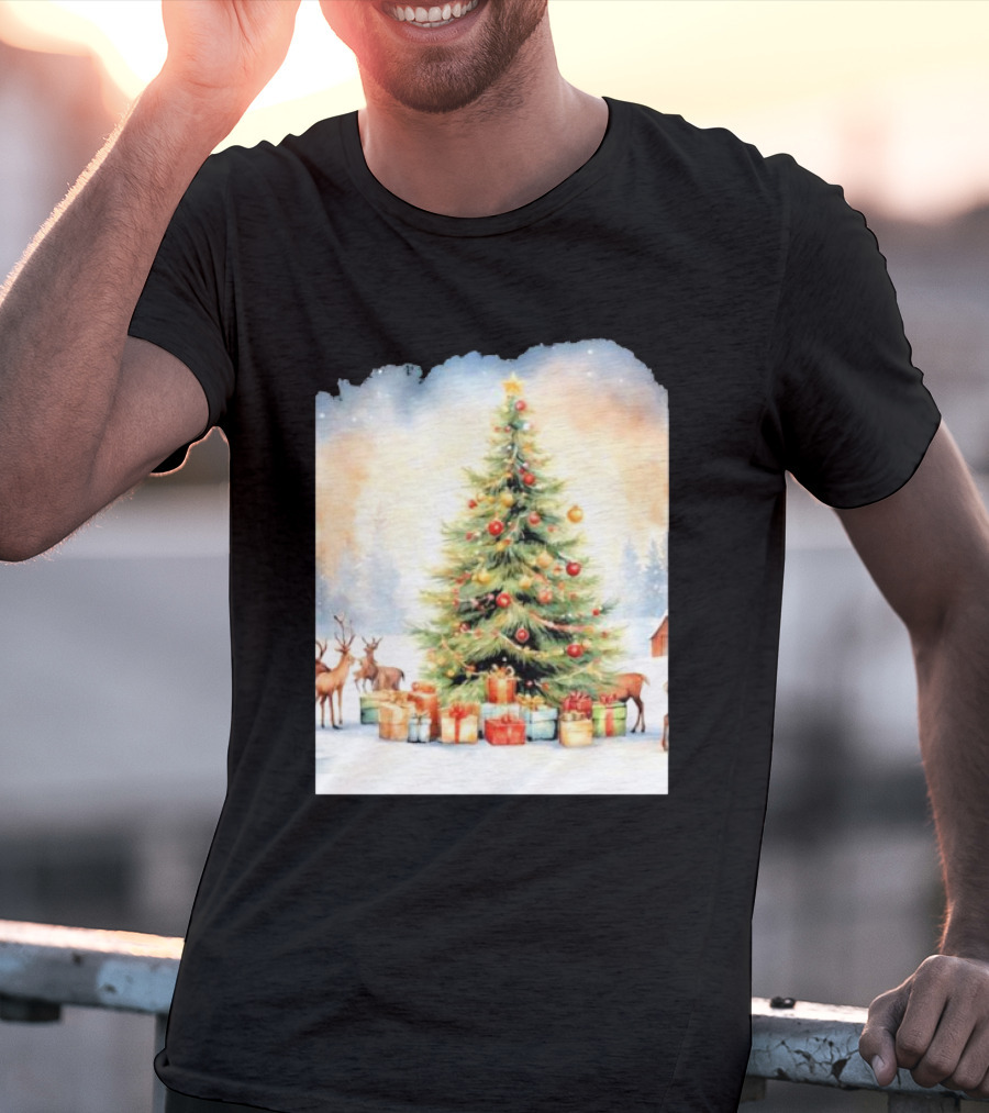 Watercolor Christmas Tree With Reindeer And Presents Scene T-Shirt