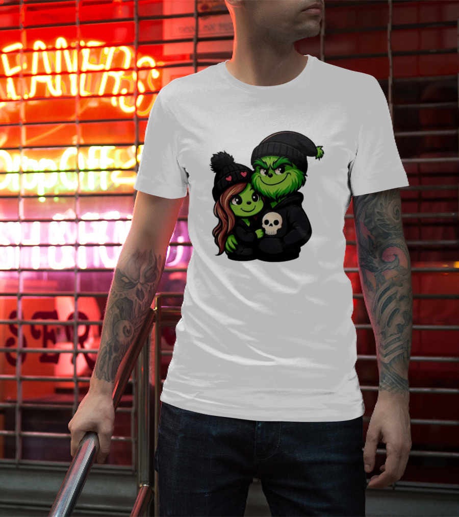 Cute Grinch And Girlfriend In Black Beanies With Skull Hoodie And Heart Details T-Shirt