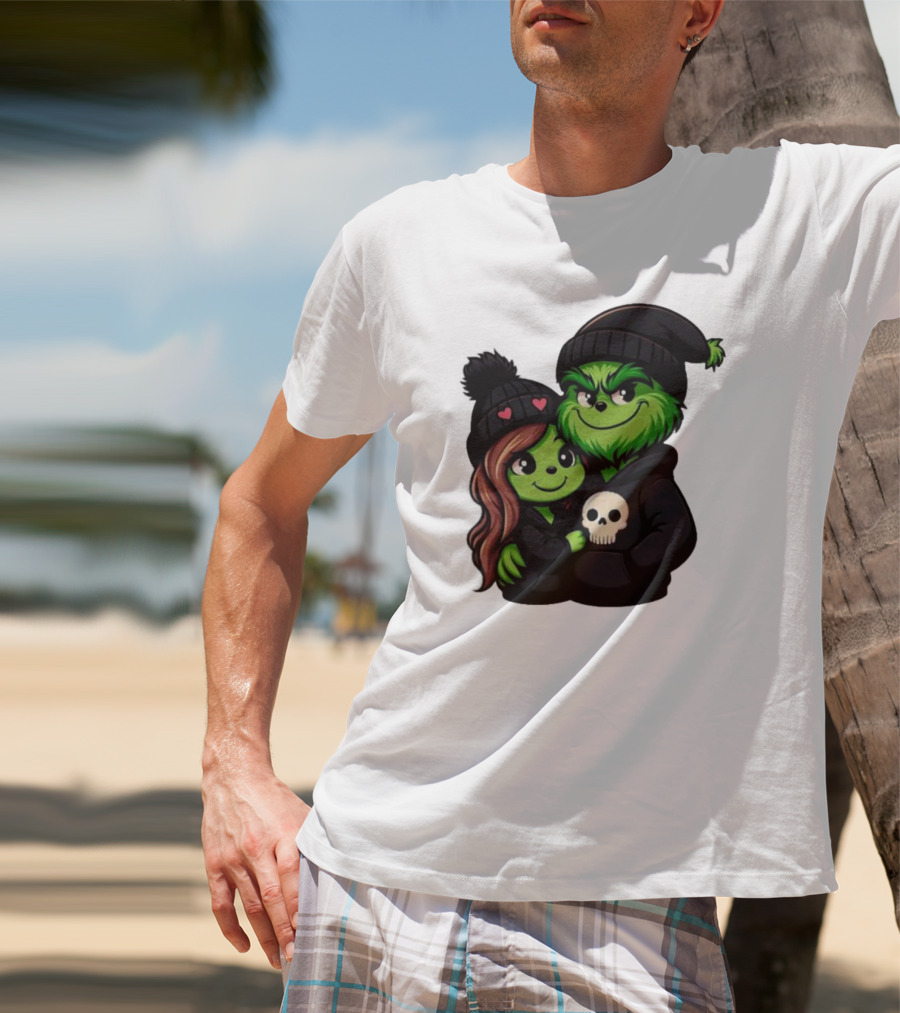 Cute Grinch And Girlfriend In Black Beanies With Skull Hoodie And Heart Details T-Shirt