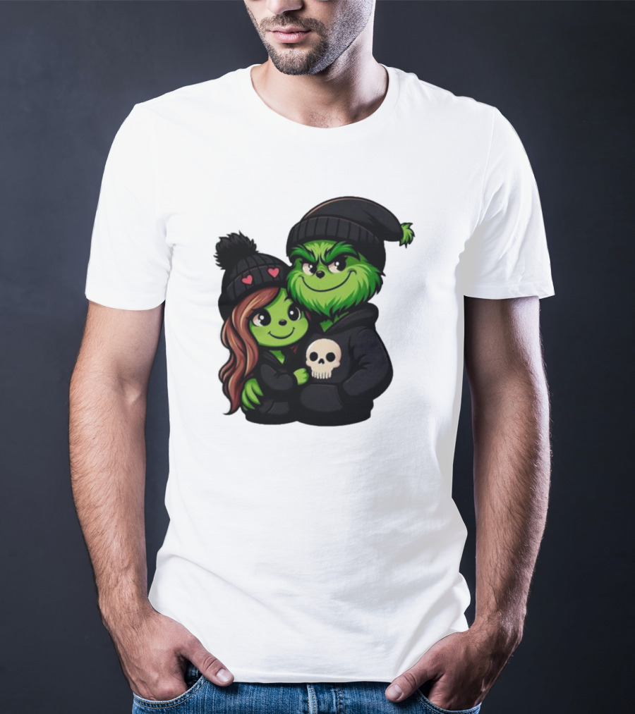 Cute Grinch And Girlfriend In Black Beanies With Skull Hoodie And Heart Details T-Shirt