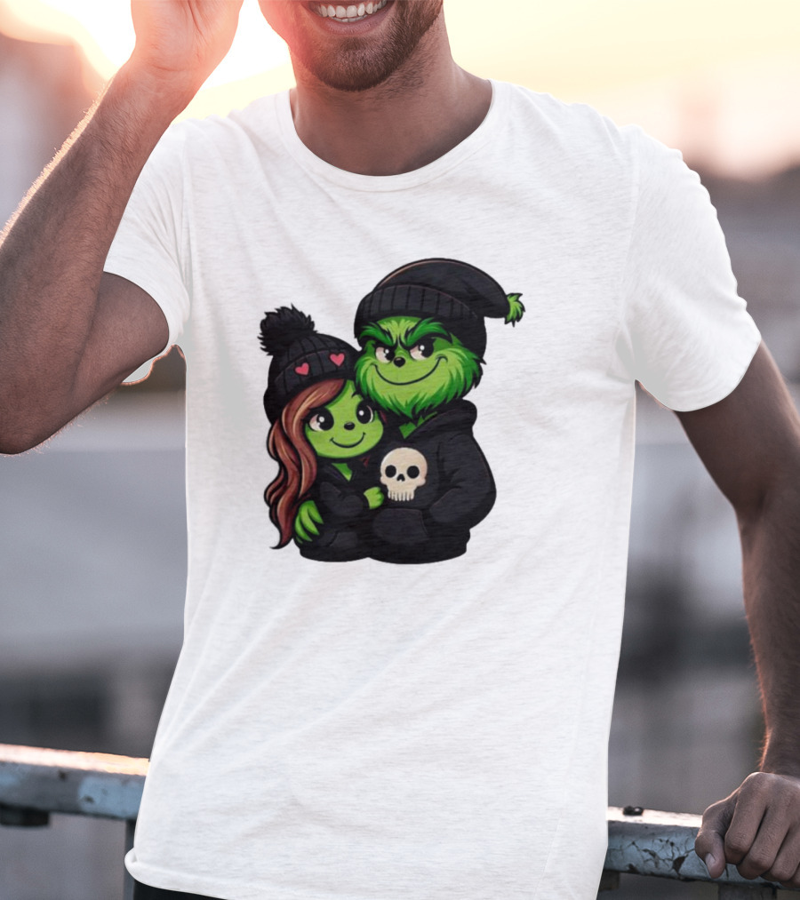 Cute Grinch And Girlfriend In Black Beanies With Skull Hoodie And Heart Details T-Shirt