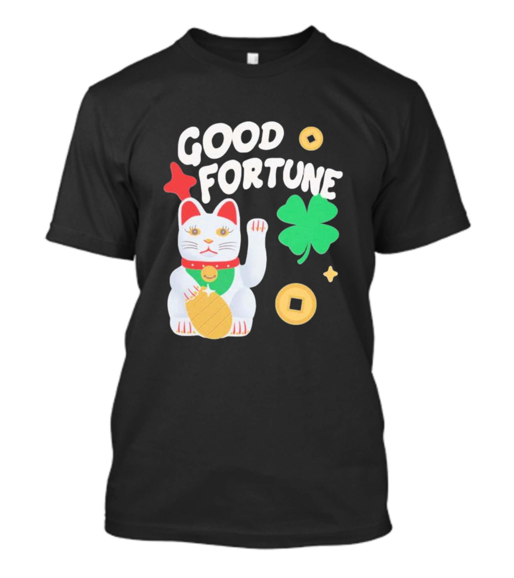 Good Fortune Cat With Clover And Coins T-Shirt