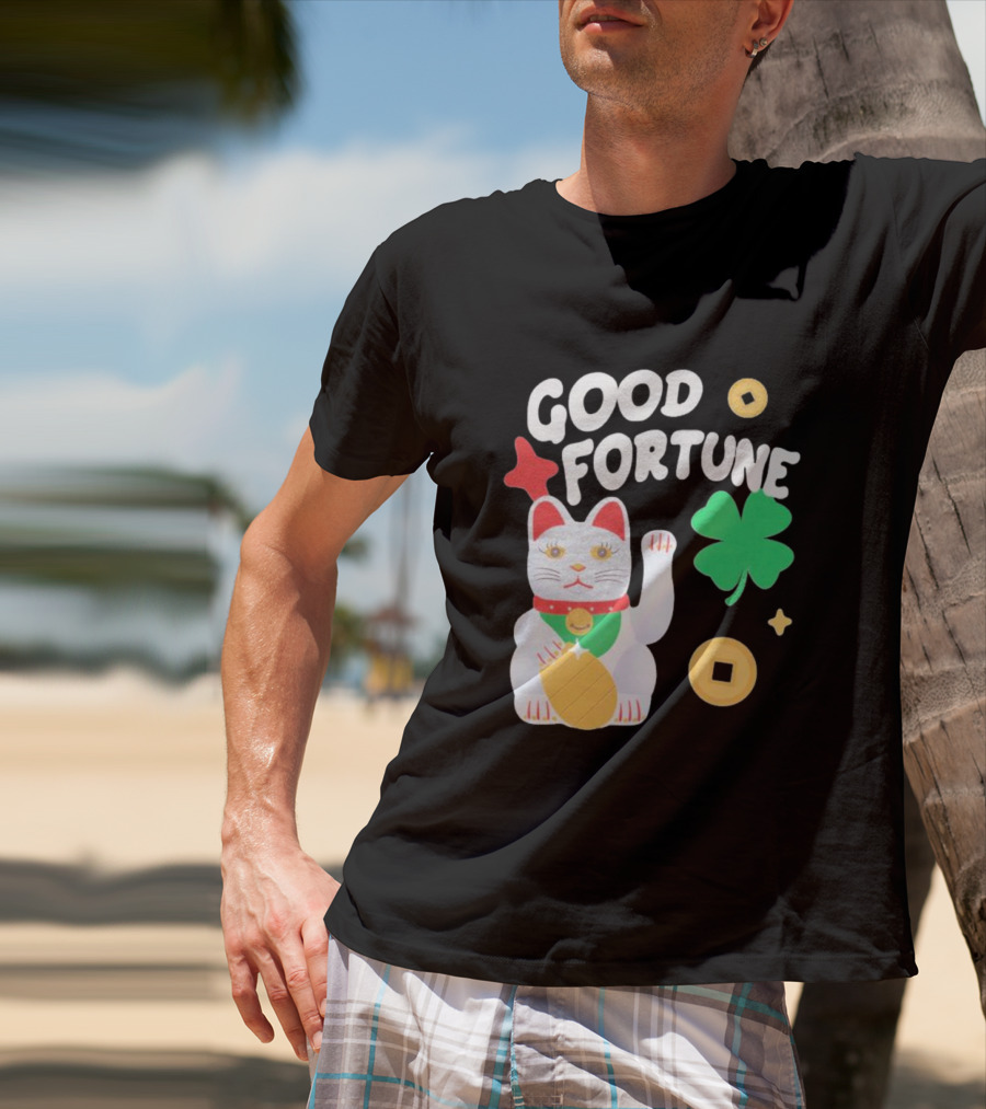 Good Fortune Cat With Clover And Coins T-Shirt
