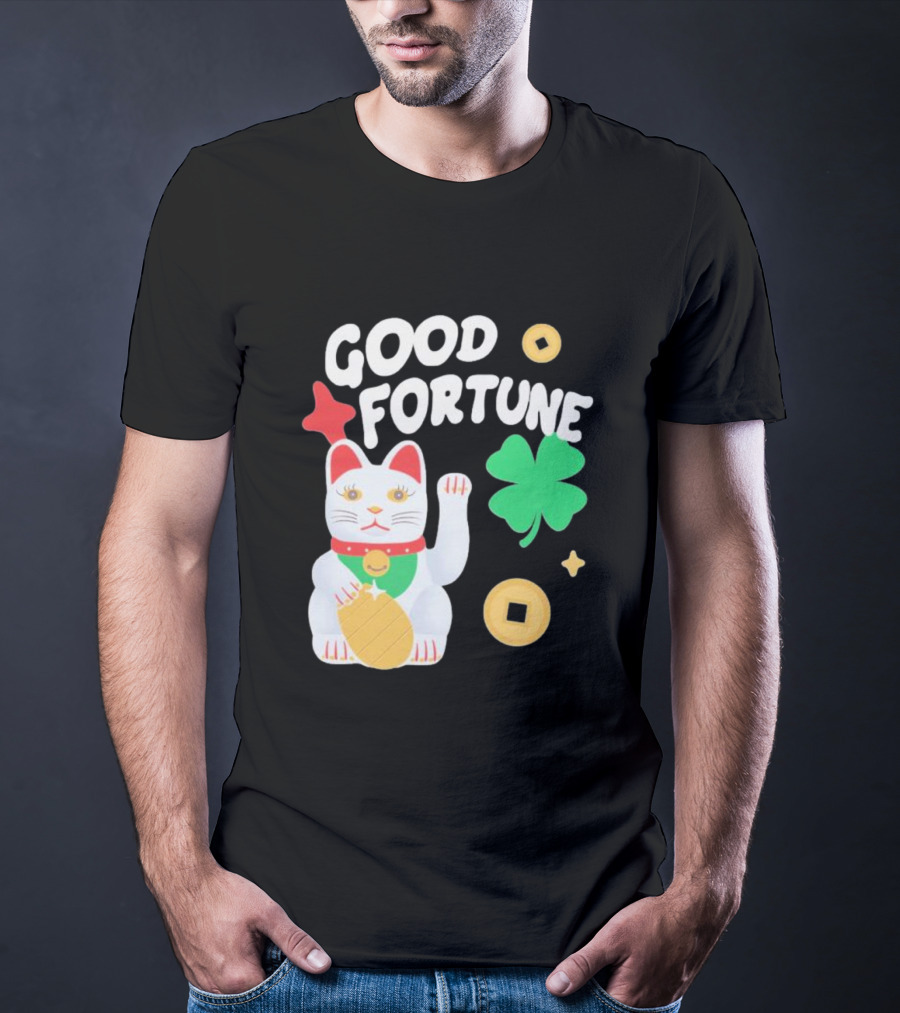 Good Fortune Cat With Clover And Coins T-Shirt
