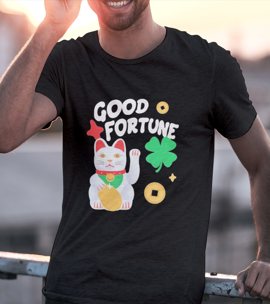 Good Fortune Cat With Clover And Coins T-Shirt