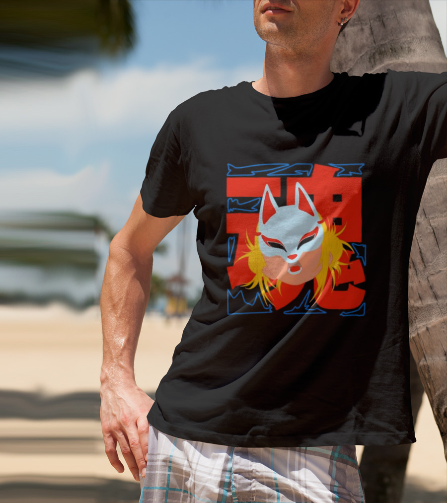 Kitsune Catori Mask With Red Kanji And Blond Hair T-Shirt