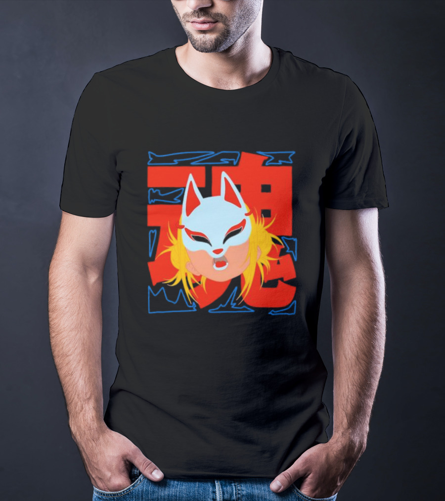 Kitsune Catori Mask With Red Kanji And Blond Hair T-Shirt