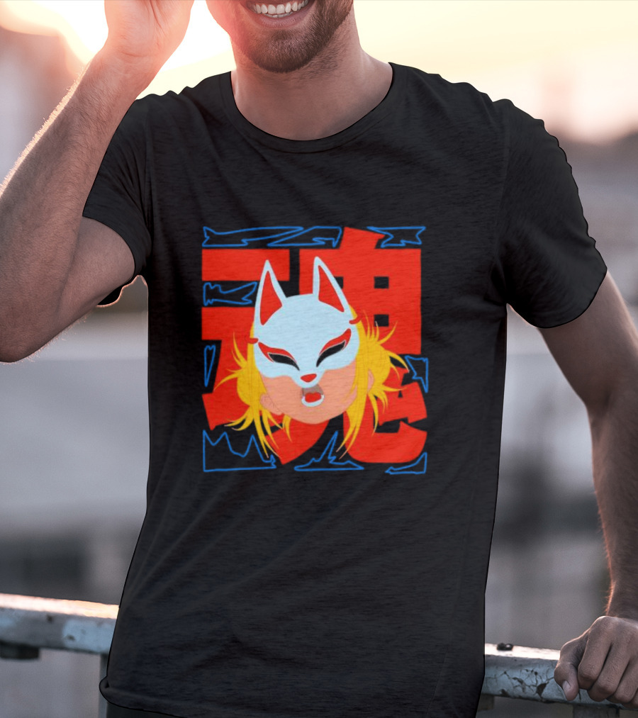 Kitsune Catori Mask With Red Kanji And Blond Hair T-Shirt
