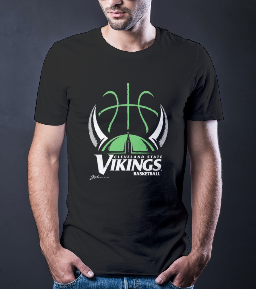 Cleveland State Vikings Basketball Green Viking Helmet Basketball T-Shirt
