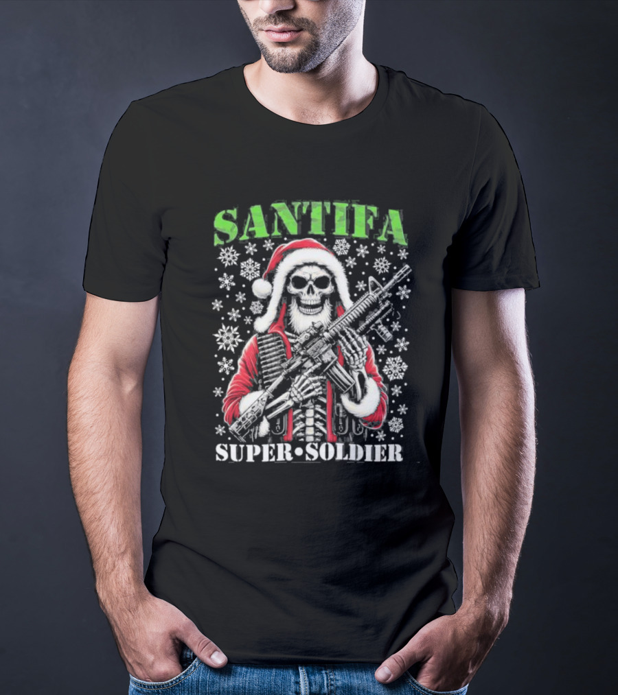 Santifa Super Soldier Skeleton Santa With Snowflakes And Rifle T-Shirt