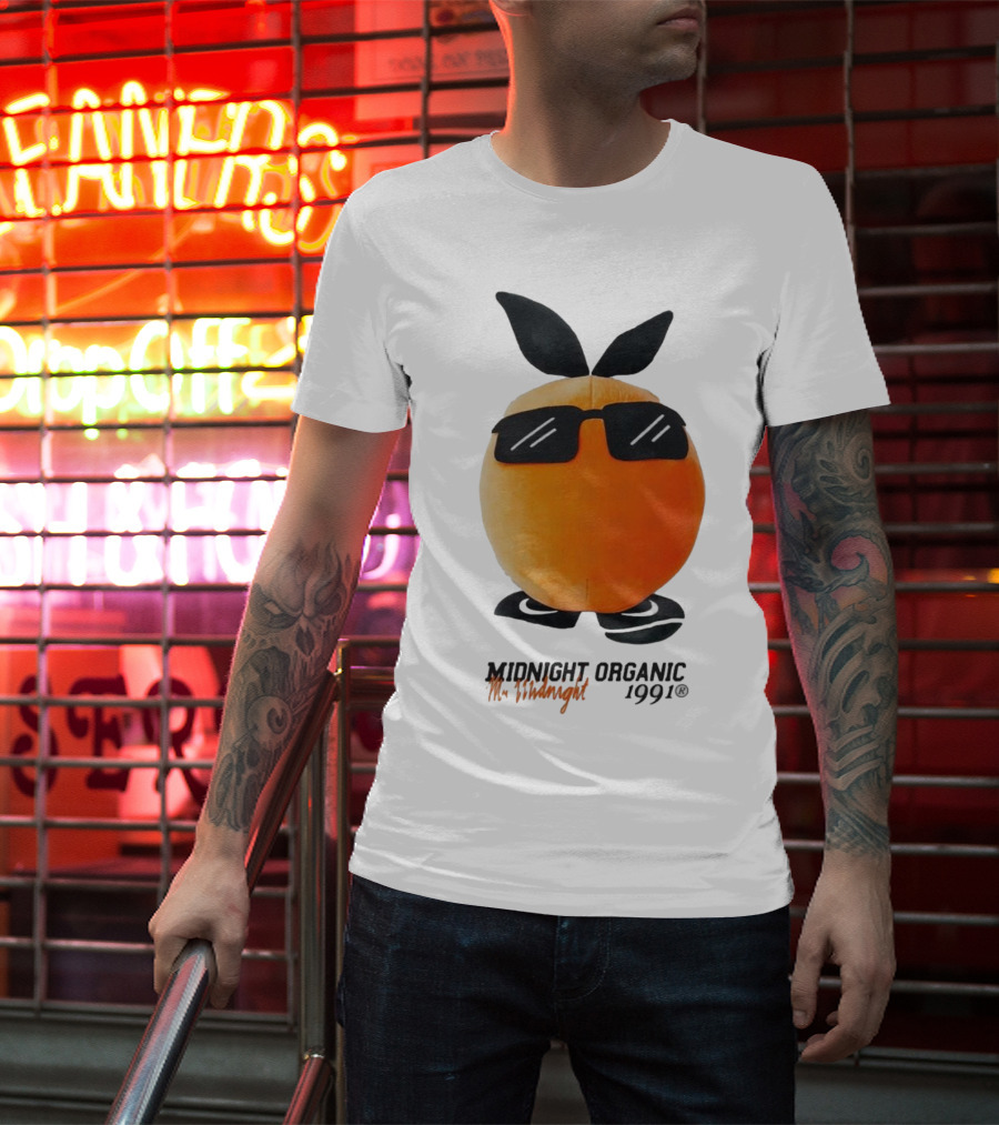 Midnight Organic Mr. Midnight 1991 Orange Character With Sunglasses T-Shirt