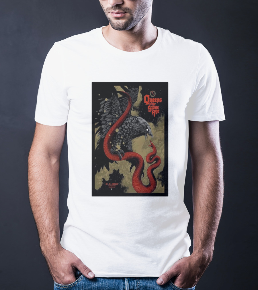 Queens Of The Stone Age R Mederos Art With Red Snake And Black Bird December 9 T-Shirt