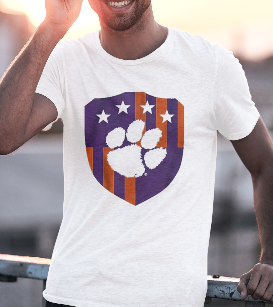 Clemson United Paw Print Shield With Four Stars Orange And Purple T-Shirt