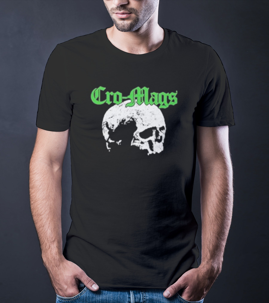 Cro Mags Green Text White Skull T-Shirt