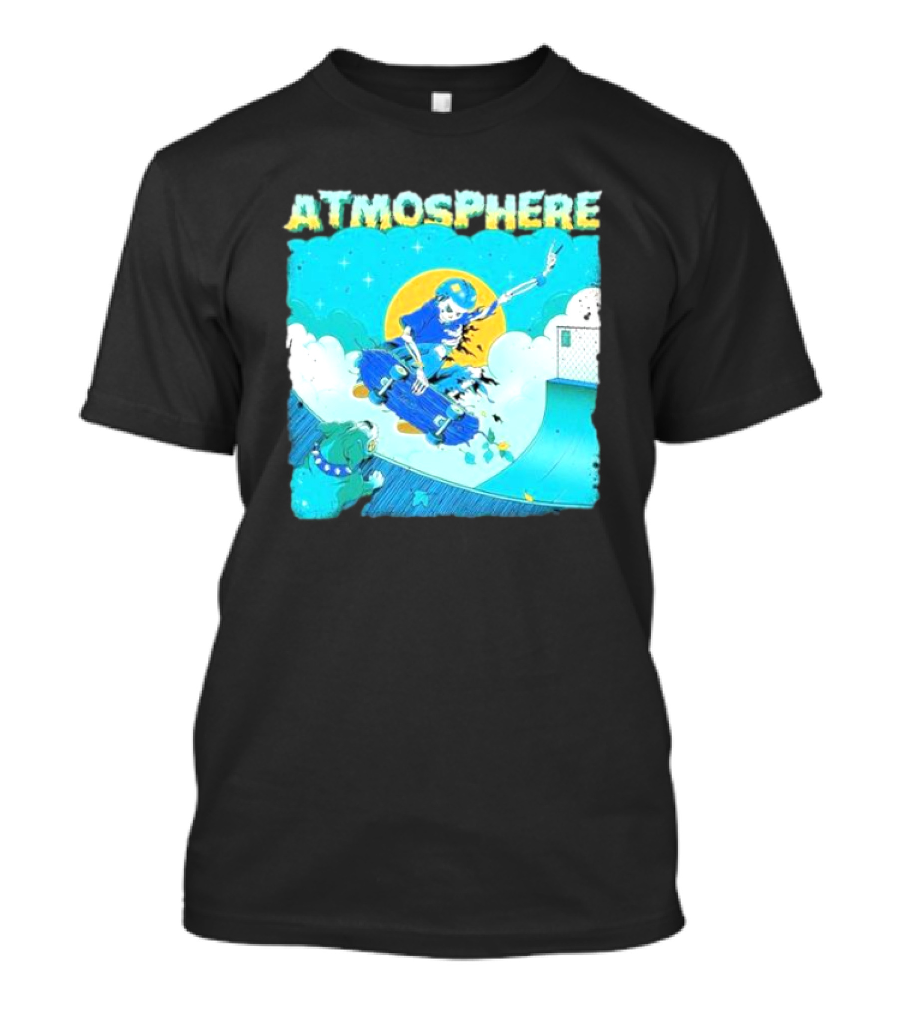 ATMOSPHERE Skateboarding Skeleton Dog Ramp Peace Sign T-Shirt