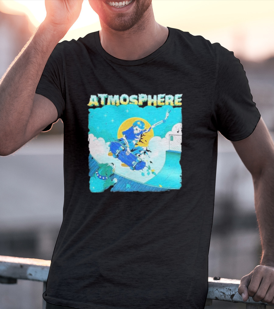 ATMOSPHERE Skateboarding Skeleton Dog Ramp Peace Sign T-Shirt
