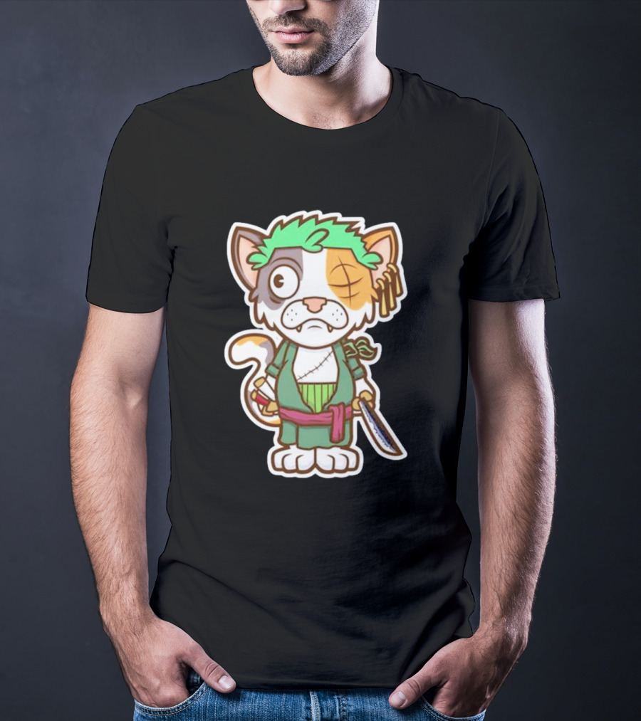 Roronoa Lingling Cat Pirate Anime Character Sword Green Hair Eye Patch T-Shirt