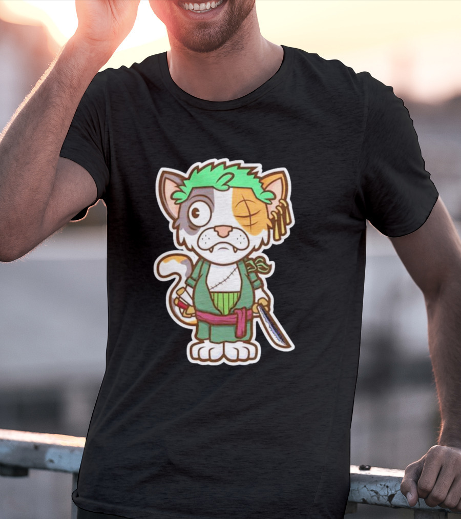 Roronoa Lingling Cat Pirate Anime Character Sword Green Hair Eye Patch T-Shirt