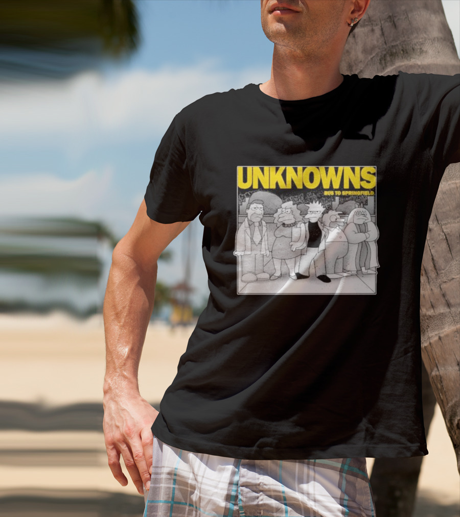 Unknowns Bus To Springfield Cartoon Characters In Black And White Scene T-Shirt
