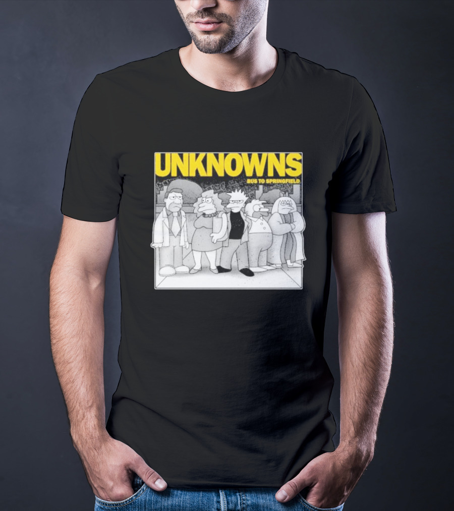 Unknowns Bus To Springfield Cartoon Characters In Black And White Scene T-Shirt