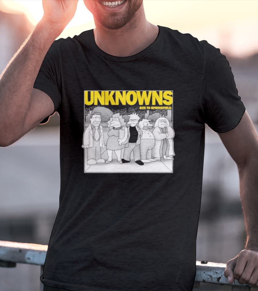 Unknowns Bus To Springfield Cartoon Characters In Black And White Scene T-Shirt