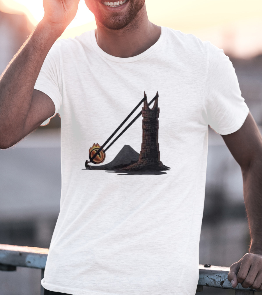 Dark Slingshot Eye Tower With Mountain In Background T-Shirt