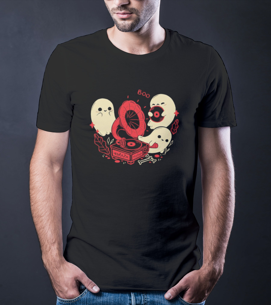 Boo Cute Gramophone Record Spooky Ghosts T-Shirt