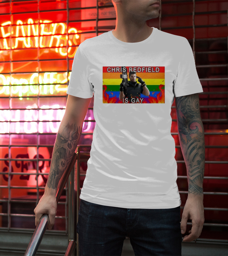 Chris Redfield Is Gay Rainbow Background Flames T-Shirt
