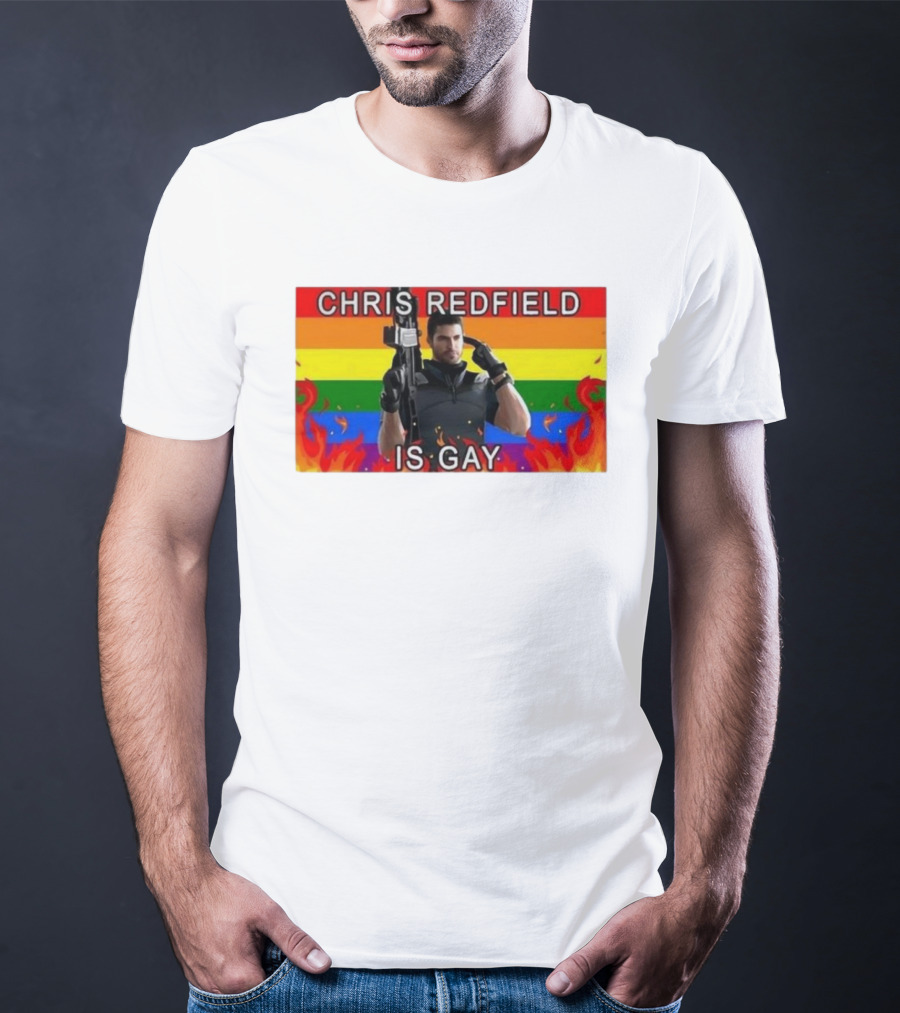 Chris Redfield Is Gay Rainbow Background Flames T-Shirt