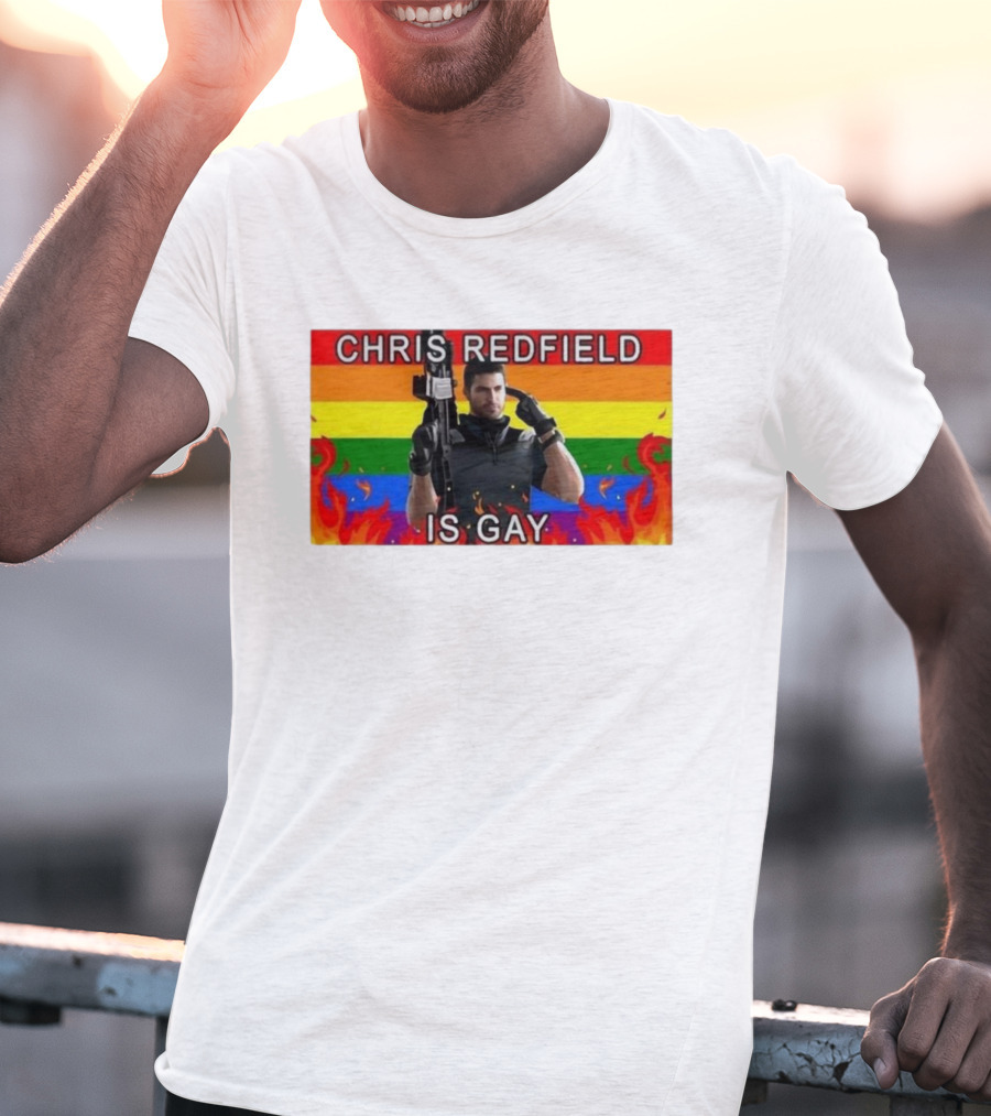 Chris Redfield Is Gay Rainbow Background Flames T-Shirt