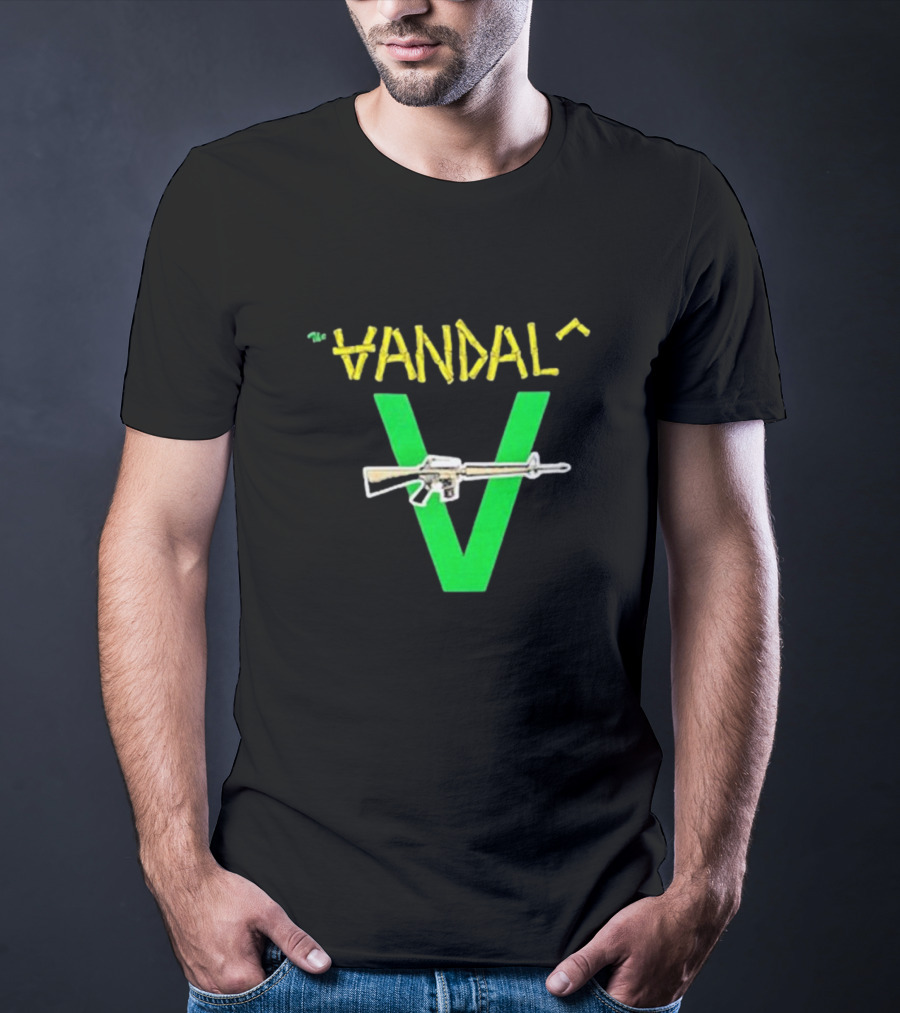 The Vandals Yellow Text Green V Rifle Image T-Shirt