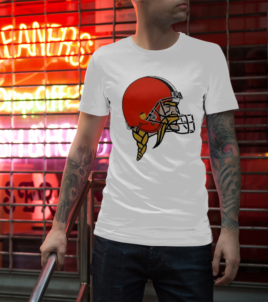 Quality Jay Cuda Browns Vikings Dual Logo Helmet T-Shirt