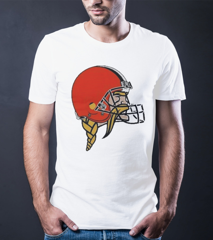 Quality Jay Cuda Browns Vikings Dual Logo Helmet T-Shirt