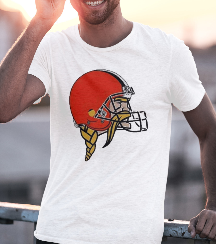 Quality Jay Cuda Browns Vikings Dual Logo Helmet T-Shirt