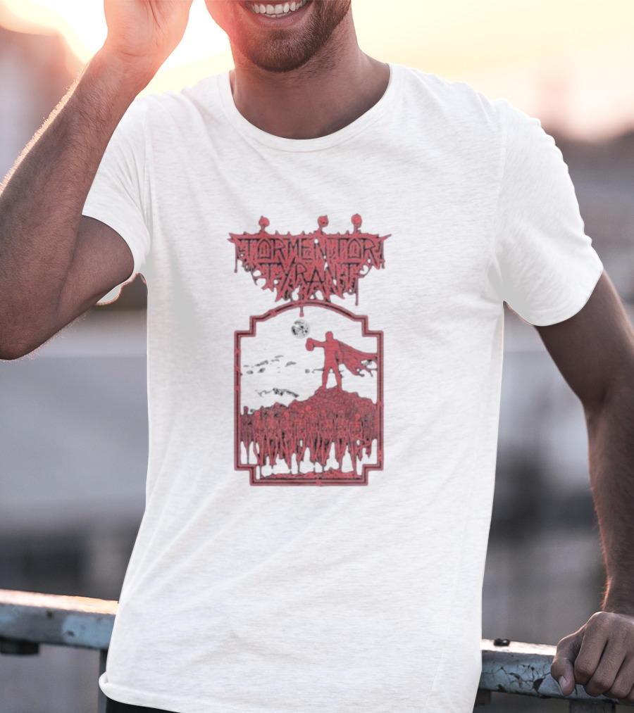 Tormentor Tyrant Red Figure Standing Amidst Crowd Under Moon T-Shirt