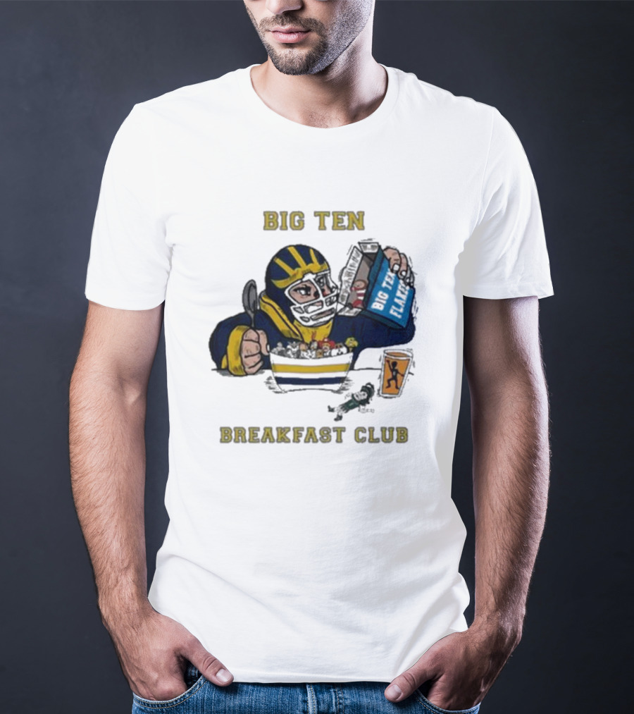 Big Ten Breakfast Club Michigan Wolverines Player Eating Cereal With Blue Box And Orange Cup T-Shirt