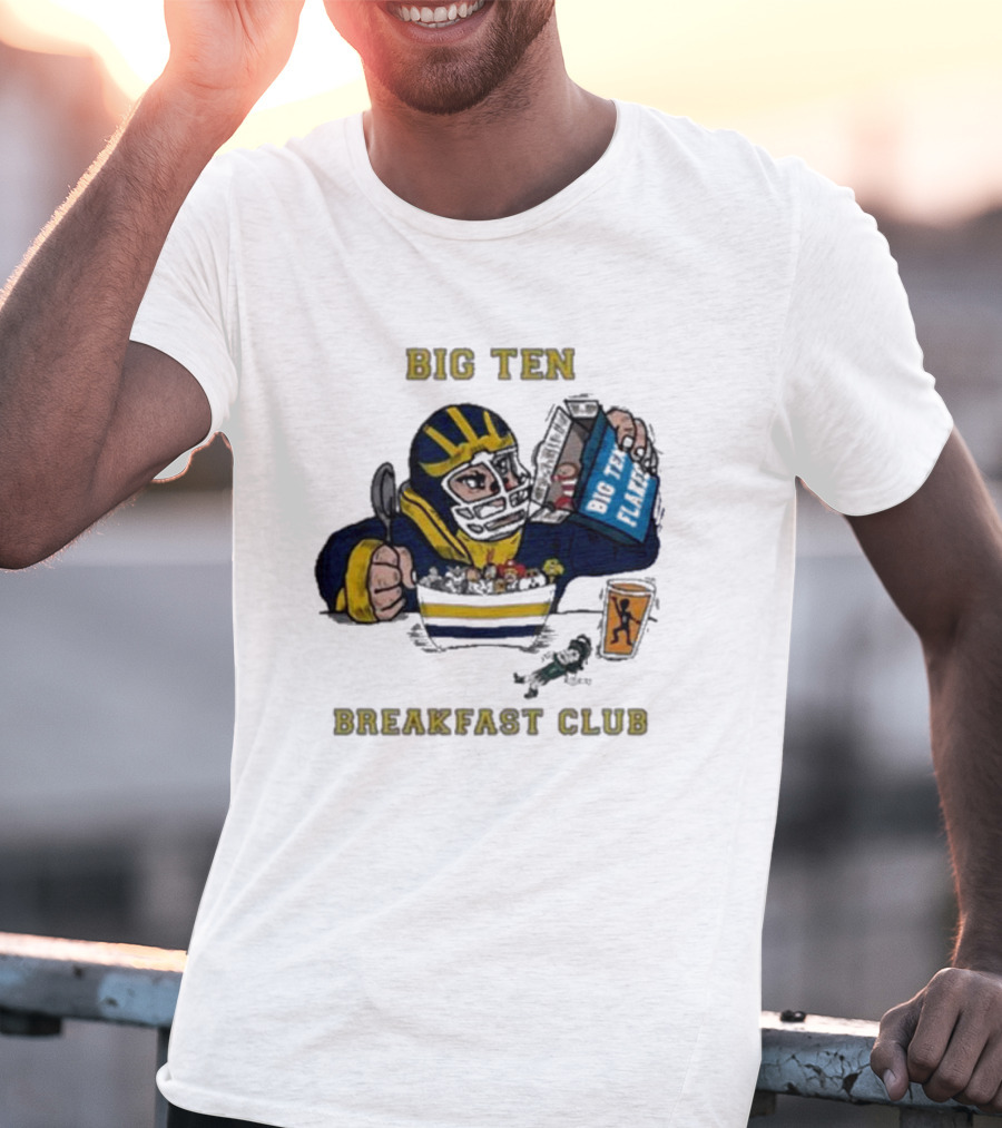 Big Ten Breakfast Club Michigan Wolverines Player Eating Cereal With Blue Box And Orange Cup T-Shirt