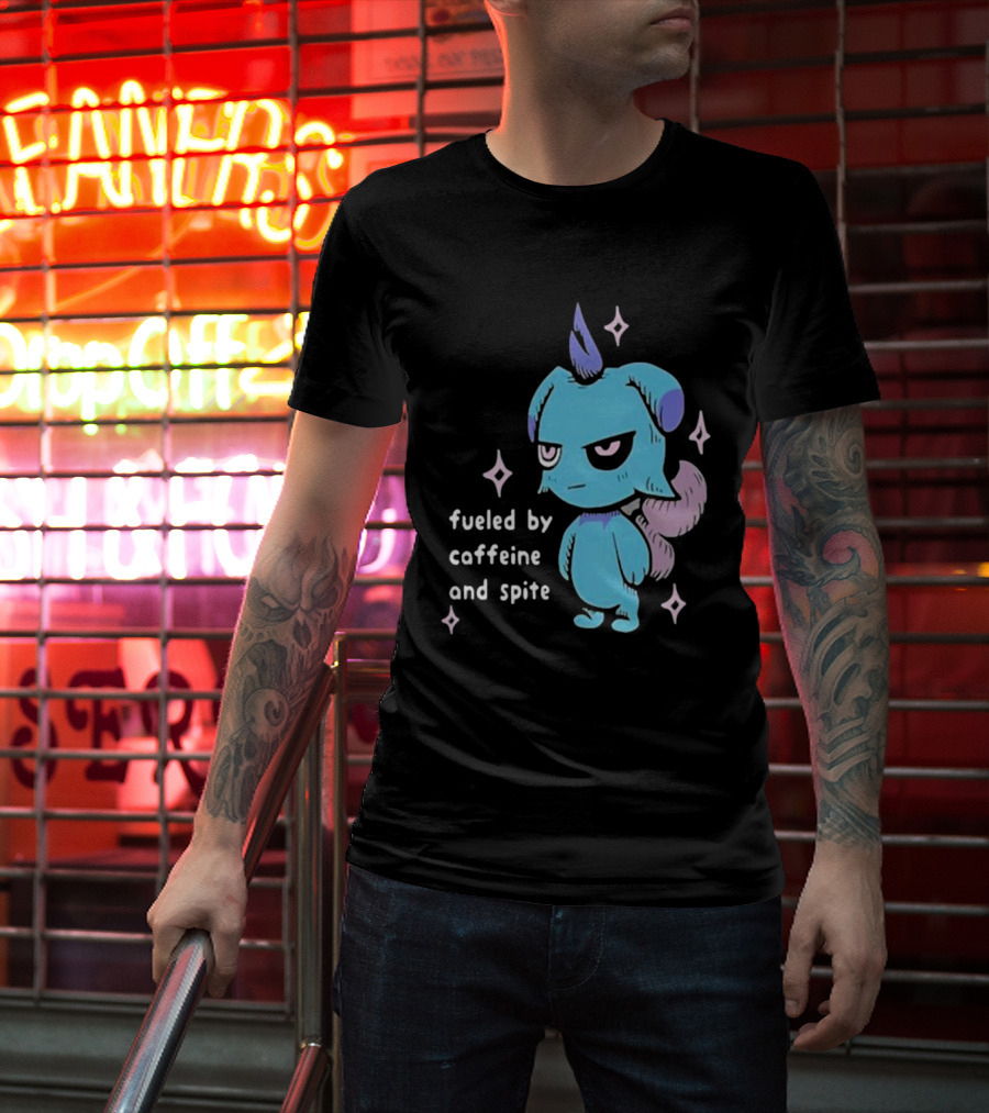 Palworld Fueled By Caffeine And Spite Blue Creature With Pink Stars T-Shirt