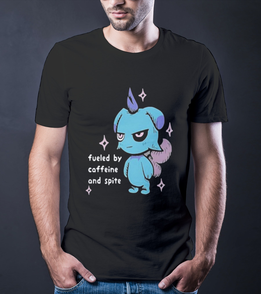 Palworld Fueled By Caffeine And Spite Blue Creature With Pink Stars T-Shirt