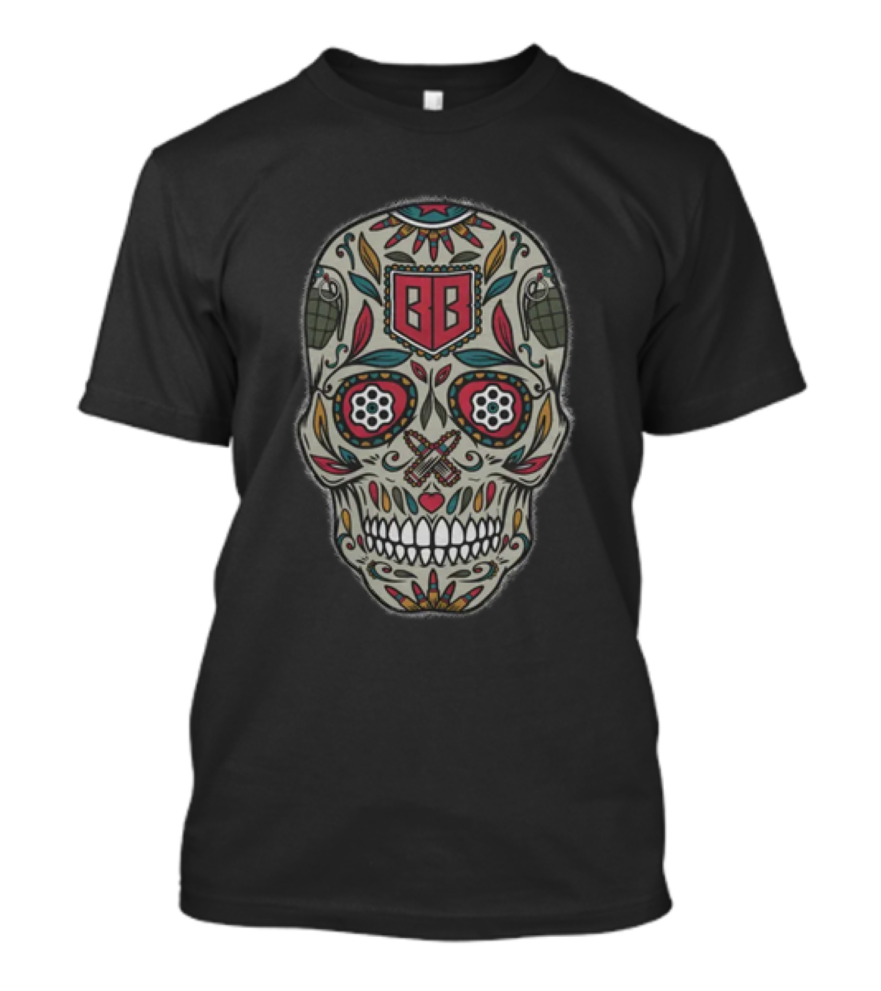 Bunker Branding BB Calaveras Skull Design With Grenades And Crossed Guns T-Shirt
