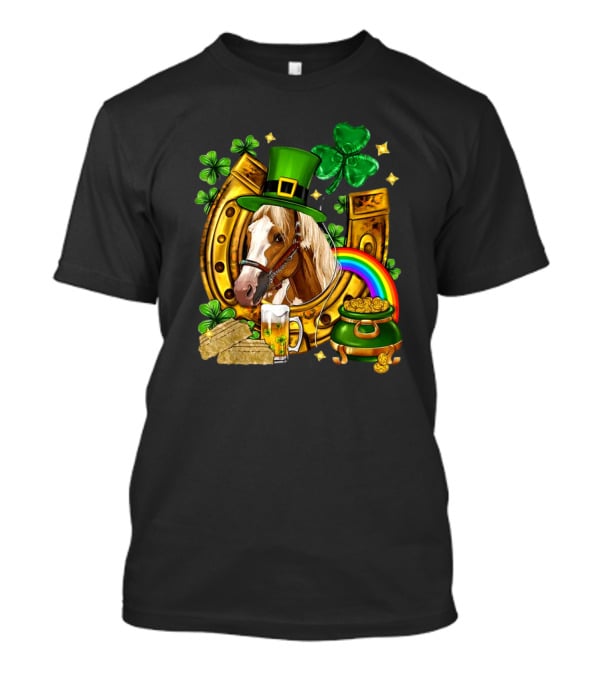 Horse Luck Gold Leprechaun Hat Shamrock Horseshoe Pot Of Gold Rainbow T-Shirt