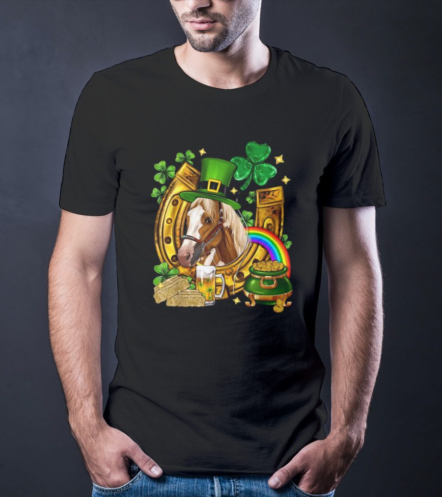 Horse Luck Gold Leprechaun Hat Shamrock Horseshoe Pot Of Gold Rainbow T-Shirt