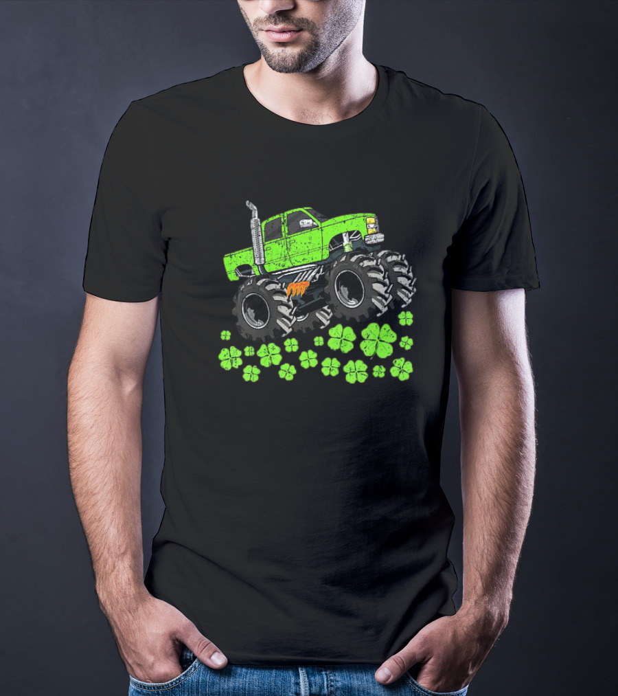 Kids Boys St Patricks Day Toddler Lucky Green Monster Truck With Shamrocks T-Shirt