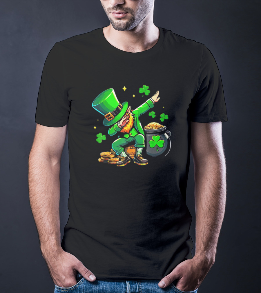 St Patricks Day Dabbing Leprechaun With Pot Of Gold And Shamrocks T-Shirt