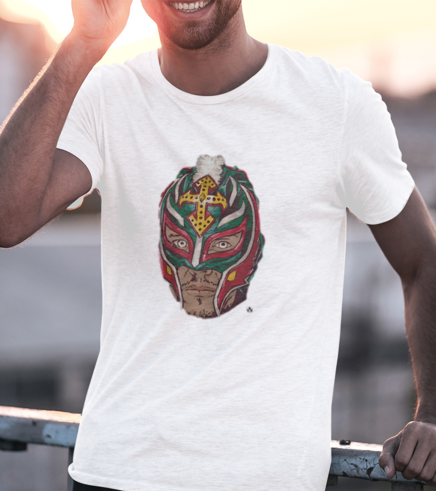 Men's Black Rey Mysterio Mask Face With Colorful Wrestling Headdress And Cross T-Shirt