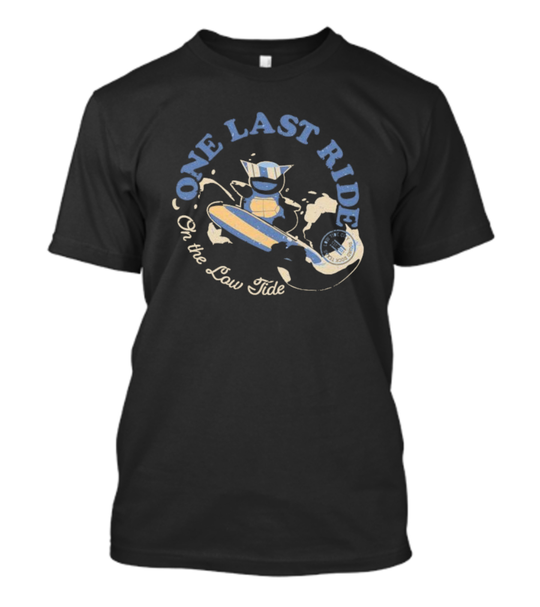 Surfing Adventure With Blue Masked Figure And Iconic Board 'One Last Ride On The Low Tide' T-Shirt